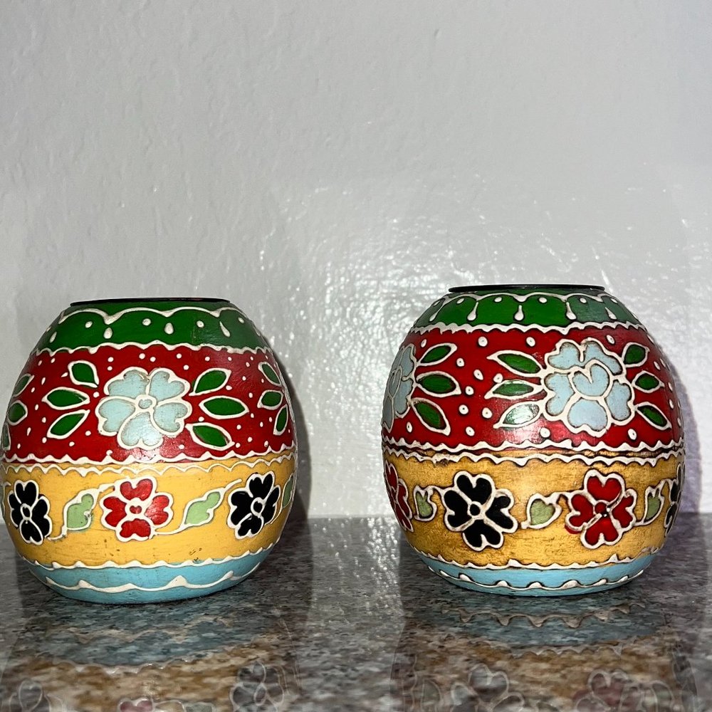 World Market hand painted multi colored floral boho votive candle holders